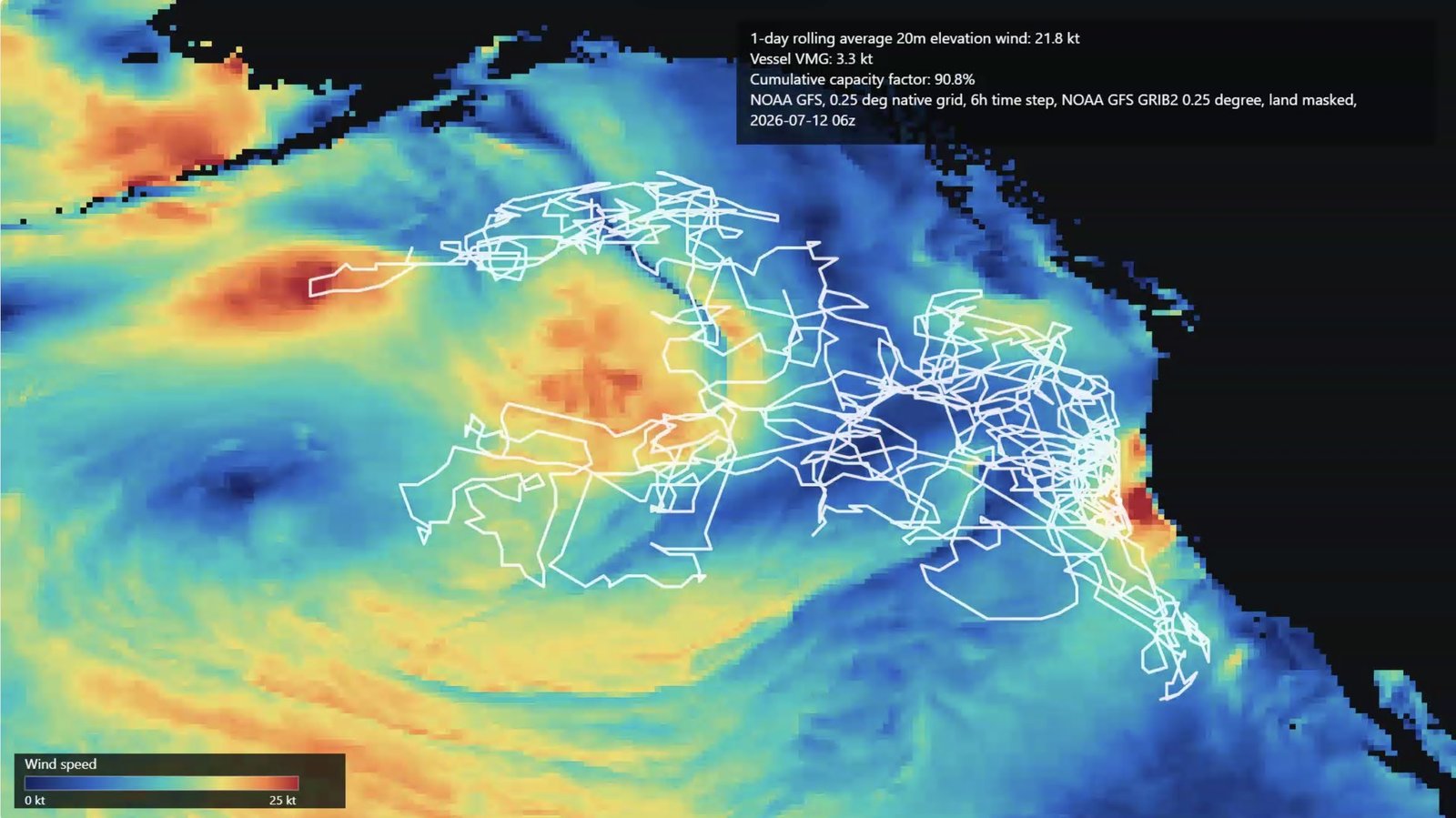 Wind speed map of the North Pacific with a year of simulated vessel tracks