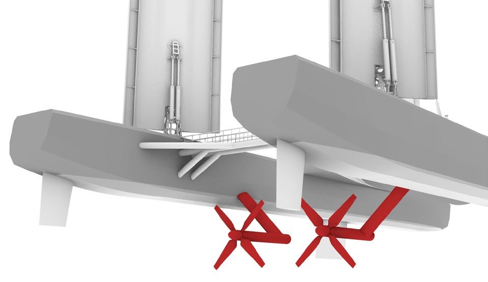 Underside view showing the two hydrokinetic turbines in red